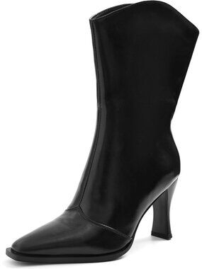 Women's Black Comfortable Square Toe Side Zipper 3.6 inch Mid Calf Heel Boots